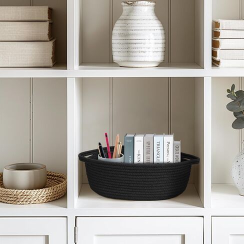 Small Baskets for Gifts Empty, 13"x 9"x 5" Woven Gift Basket with Bag and Ribbon, Cotton Rope Kids Dog Cat Toy Bin Box, Cute Baby Nursery Organizer, Decorative Storage with Handles (Black) in Saudi Arabia