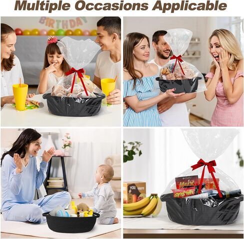 Small Baskets for Gifts Empty, 13"x 9"x 5" Woven Gift Basket with Bag and Ribbon, Cotton Rope Kids Dog Cat Toy Bin Box, Cute Baby Nursery Organizer, Decorative Storage with Handles (Black) in Saudi Arabia
