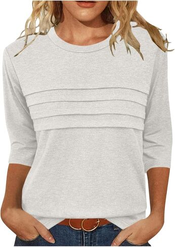 Womens 3/4 Sleeve Shirts Pleated Crew Neck Tunic Tops Dressy Casual Loose Blouses 2025 Spring Summer Trendy Clothes in Saudi Arabia