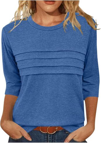 Womens 3/4 Sleeve Shirts Pleated Crew Neck Tunic Tops Dressy Casual Loose Blouses 2025 Spring Summer Trendy Clothes in Saudi Arabia