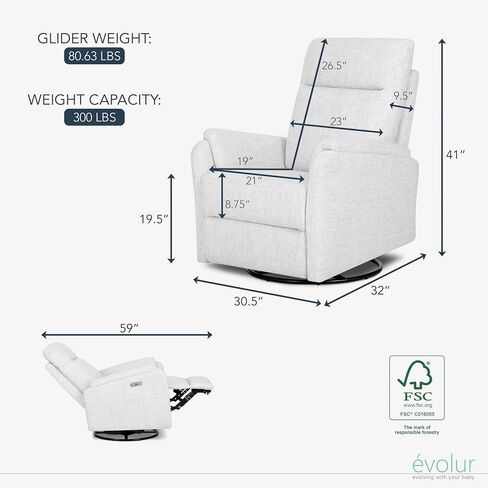 Evolur Noah Power Recline Glider with 275-Degree Swivel, Power Recline, Plush Padded Armrests, FSC Certified, in Fog Grey in Saudi Arabia