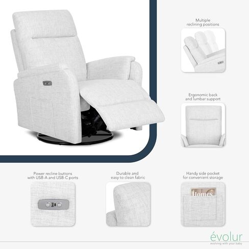 Evolur Noah Power Recline Glider with 275-Degree Swivel, Power Recline, Plush Padded Armrests, FSC Certified, in Fog Grey in Saudi Arabia