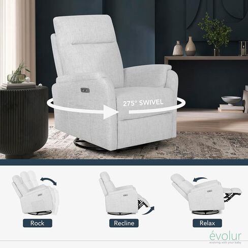Evolur Noah Power Recline Glider with 275-Degree Swivel, Power Recline, Plush Padded Armrests, FSC Certified, in Fog Grey in Saudi Arabia