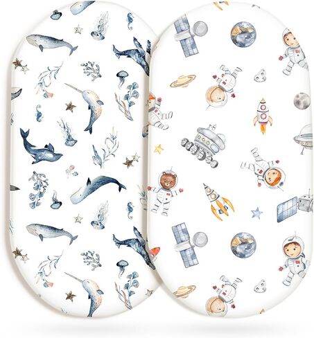 GRSSDER Stretty Ultra Soft Passinet Sheet Set 2 Pack ، ملاءمة عالميًا للباسينيتس المهد الموسى سلة مرتبة مستطيلة آمنة ومركبة ، مسبحة البحر والفضاء الأنيقة in Kuwait