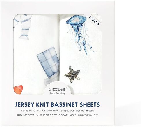 GRSSDER Stretty Ultra Soft Passinet Sheet Set 2 Pack ، ملاءمة عالميًا للباسينيتس المهد الموسى سلة مرتبة مستطيلة آمنة ومركبة ، مسبحة البحر والفضاء الأنيقة in Kuwait