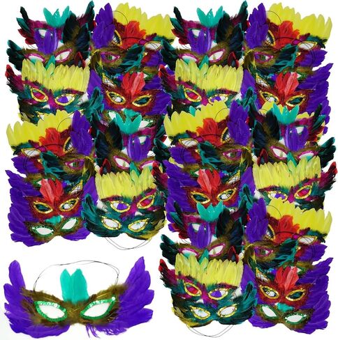 4E's Novelty 12 Mardi Gras Masks With Feathers Bulk for Adult Men Women, Feather Masquerade Masks for Mardi Gras Outfit Accessories, Party Supplies & Decorations in Saudi Arabia