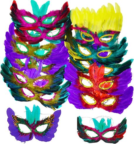 4E's Novelty 12 Mardi Gras Masks With Feathers Bulk for Adult Men Women, Feather Masquerade Masks for Mardi Gras Outfit Accessories, Party Supplies & Decorations in Saudi Arabia