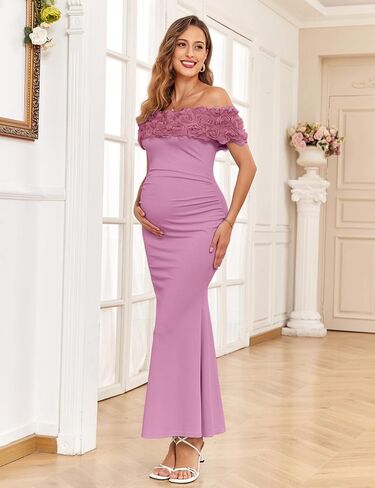 3D Floral Off The Shoulder Maternity Dress Sexy Ribbed Mermaid Maxi Bodycon Pregnancy Dresses Baby Shower in Saudi Arabia