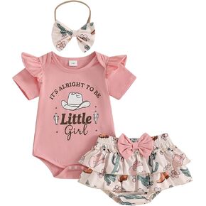 Kayotuas Western Baby Girl Clothes Summer Cowgirl Outfits My First Rodeo Romper Cow Print Bloomer Shorts Headband 3 Piece Set