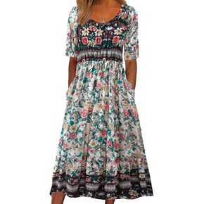Geleglaer Women's Boho Floral Maxi Dress Summer Casual Crew Neck Short Sleeve Dress Flowy Bohemian Tshirt Dress with Pockets in Saudi Arabia