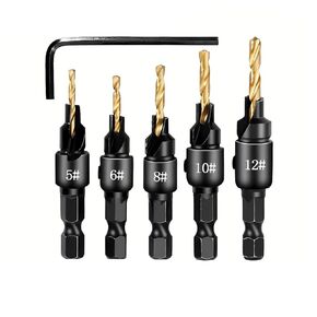 1/4 Hex Shank Countersink Drill Woodworking Drill Bit Set Drilling Holes for Screw Sizes #5#6#8#10#12(Titanium Plating5-12)