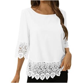 Womens 3/4 Sleeve Lace Tops and Blouse Flowy Shirts Trendy Dressy Elegant Blouse Business Embroidery Boho Tunic