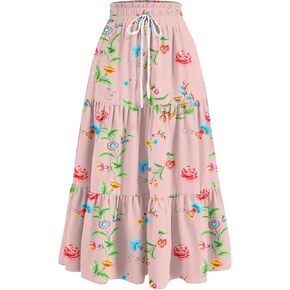 Summer Skirts for Women 2025 Vacation Boho Floral Tiered Skirt Drawstring High Waisted Flowy Ruffle A Line Skirt