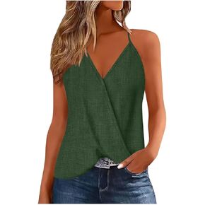 JOAU Cotton Linen Camisole Tops for Women Spaghetti Strap Loose Wrap V Neck Tank Top Cami Blouse Summer Sleeveless Shirts