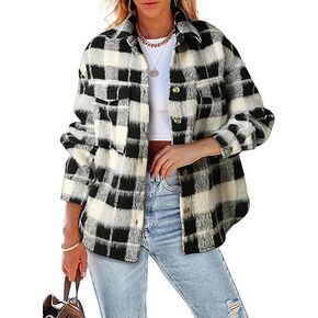 Women's Plaid Shirt Casual Long Sleeved Buttoned Jacket Autumn Boyfriend Shirts Top with Pockets Button Down Blouse