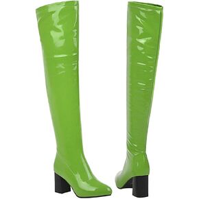 Womens Pointy Patent Leather Thigh High Block Heel Over The Knee Boots Zip Up