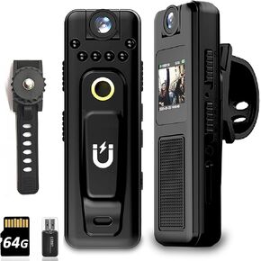 Mini Body Camera 1080P HD with Night Vision & 180° Rotatable Lens - Body Worn Camera with 64GB Memory Card, Loop Recording, Portable for Law Enforcement, Security, Outdoor Travel, Hiking