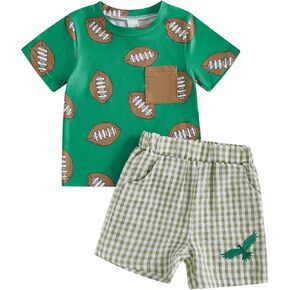 Newborn Baby Boy Summer Clothes Short Sleeve Front Pocket Rugby Print T-shirt Top Football Shorts 2Pcs Outfit Set