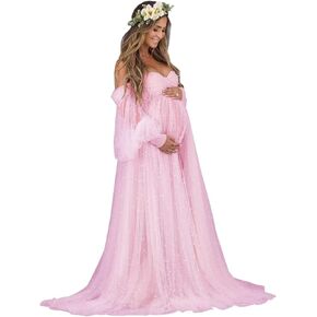 yinyyinhs Pearl Tulle Maternity Dress for Photoshoot Long Puffy Sleeve Off Shoulder Pregnancy Gowns BabyShower Dresses