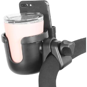 Stroller Cup Holder with Phone Holder, 2-in-1 Universal Cup Holder Attachment for Doona Strollers Walker Bike Wheelchair, 360° Rotatable Adjustable Water Drink Bottle Doona Trike Accessories