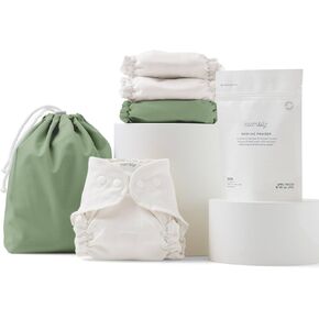 Esembly Try-It Kit, Cloth Diaper Starter Set, Aloe, Size 1 (7-18lbs) | Starter Bundle for Cloth Diapering - 3 Organic Cotton Inners, 1 Waterproof Outer, 1 Ditty Bag and 12oz Laundry Washing Powder in Saudi Arabia