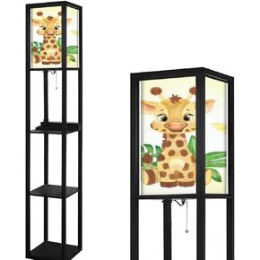 Watercolor Little Giraffe Animal African Animal Baby Animal Nursery Floor Lamp with Shelves USB Ports & Power Outlet Linen Fabric Shade Corner Tall Lamp Modern Standing Lamp for Living Room Bedroom