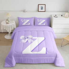 Purple Bow Toddler Bedding Set for Teen Girls Floral Letter C Comforter Unique Coquette Aesthetic Bowknot Duvet Insert Groovy Spring Flower Bed Set with Stylish Floral Bow Design (C)