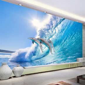 Cute Dolphin Ocean World Wall Murals, Custom 3D Photo Wallpaper, Wall Paper Decor Grease Free Good Breathability Apply to Farmhouse Office Hotel（157.5"W x 110.3"H）
