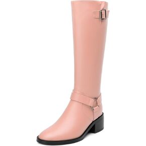 Women's Knee-High Boots, Round Toe Low Heel Knee High Boots for Women, Fashion Side Zip Knee High Bootie, Buckle Solid Knee High Boot for Daily Office Party