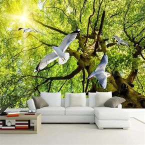 Sunlight Green Tree Pigeon Wall Murals, Custom 3D Photo Nature Landscape Wallpaper, Artwork Wallpaper High Resolution Wrinkle Free Apply to Company Dining Room（177.16" W x 120" H ）