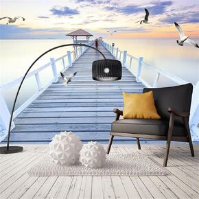 Sunset Dusk Sea Bridge Seagull Wall Murals, Modern Custom 3D Photo Wallpaper, Mural Paper Grease Free Good Breathability Apply to Company Sofa Wall Kids Room（78.7" W x 55.2" H）