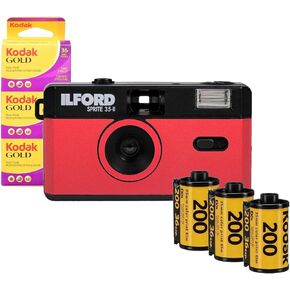 Ilford Sprite 35-II Reusable 35mm Analog Film Camera (Red and Black) Bundle with Gold 200 Film (Yellow-Purple, 3-Pack) (2 Items)