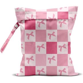 Wet Bag for Swimsuit Pool Travel Baby Cloth Diapers Dirty Yoga Gym Clothes Beach Bags Summer Gifts for Women Men Beach Vacation Essentials Pink Bow Checker Waterproof Wet Dry Bag Travel Laundry Bags