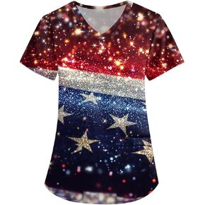 4Th of July Scrub Top V Neck Short Sleeve Uniform with Pockets Independence Day Printed Tops Nursing Apparel