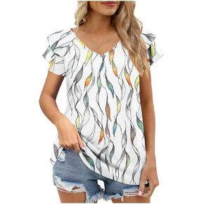 Womens Summer Tops Ruffle Sleeve V Neck Tunic Business Casual Hide Belly Pleated Shirts for Curvy Women Blouse