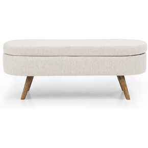 Beige Ottoman Oval Storage Bench with Rubber Wood Legs 43.5x16x16