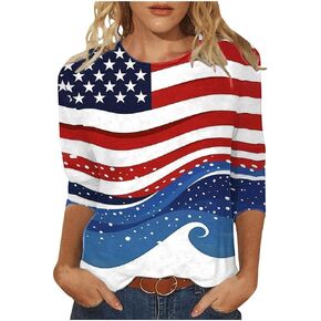 3/4 Length Sleeve Womens Tops 4th of July Shirts Dressy Casual Crewneck USA Flag Stars and Stripes Patriotic T Shirts