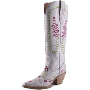Goolita Floral Cowboy Boots For Women, Pointed Toe Chunky Heel Western Knee High Boots with Retro Embroidered Classic Slip On Tall Cowgirl Boots