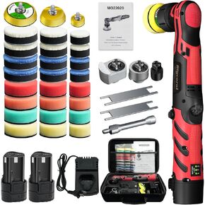 Cordless Mini Polisher,1/1.5/2Inch,DA&RO with 11 Variable Speed 2500-6000 RPM,2 * 2.3Ah Rechargeable Batteries,Red Car Detailing Micro Polisher