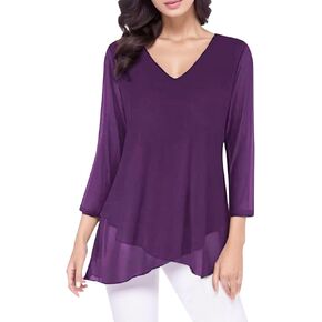 Womens Dressy 3/4 Sleeve Tunic Tops Asymmetric Hem Blouses Lightweight Mesh Shirt Long Sleeved Shirts for Women