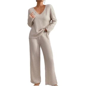 Women's 2 Piece Outfits Long Sleeve V Neck Knit Pullover Tops and Wide Leg Pant Lounge Set Sweater Sets 2025 Spring