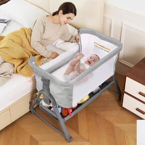 Baby Bassinet Bedside Crib ، 3 في 1 Bassinet Bedside Sleeper ، Bassinet Rocking for Baby مع تعديل سريع 6 ، سلة تخزين ، مرتبة ، عجلات 360 درجة ، تجميع سهلة ، رمادي