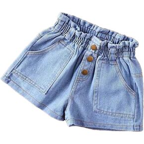 Toddler Baby Girls Casual Denim Shorts Paper Bag Waist Button Roll Up Hem Jeans Summer Lightweight Shorts with Pockets