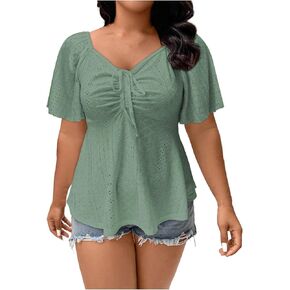 Womens Plus Size Tops Sweetheart Neck Short Sleeve Eyelet Embroidery Summer Loose Peplum Shirts(1X-5X) in Kuwait