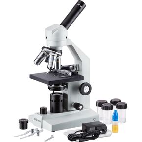 AmScope M500B-MS-LED Cordless Monocular Compound Microscope, WF10x and WF20x Eyepieces, 40x-2000x Magnification, Anti-Mold Optics, LED Illumination, Brightfield, Abbe Condenser, Coarse and Fine Focus, Plain Stage with Mechanical Specimen Holder, 110V or B