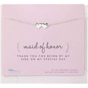 Lucky Feather Maid of Honor Necklace with Interlocking Heart Pendant on Adjustable 16-18" Chain Sterling Silver Dipped - Ideal Maid of Honor Gifts
