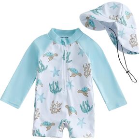 Toddler Swim Romper Cover up with Hat Dinosaur Print Long Sleeve Rash Guard Swimming Coverup Jumpsuits for Baby Boys