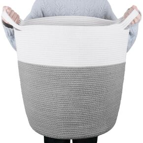 60L Woven Laundry Basket, Tall Laundry Basket for Dirty Clothes, Blanket, Toy, Large Storage Hamper for Comforter, Cushions in Bathroom, Nursery, Baby Room and Living Room (White & Brown)