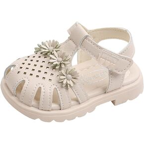Baby Girls Sandals Summer Shoes Outdoor First Walking Toddler Girls Shoes for Summer Flower Princess Flat Shoes (Beige ، 18-24 شهرًا)