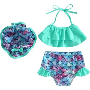 Toddler Baby Girl 3 Piece Swimsuit Halter Top+Shorts+Hat/Headband Bikini Set Summer Beach Bathing Suit Swimwear